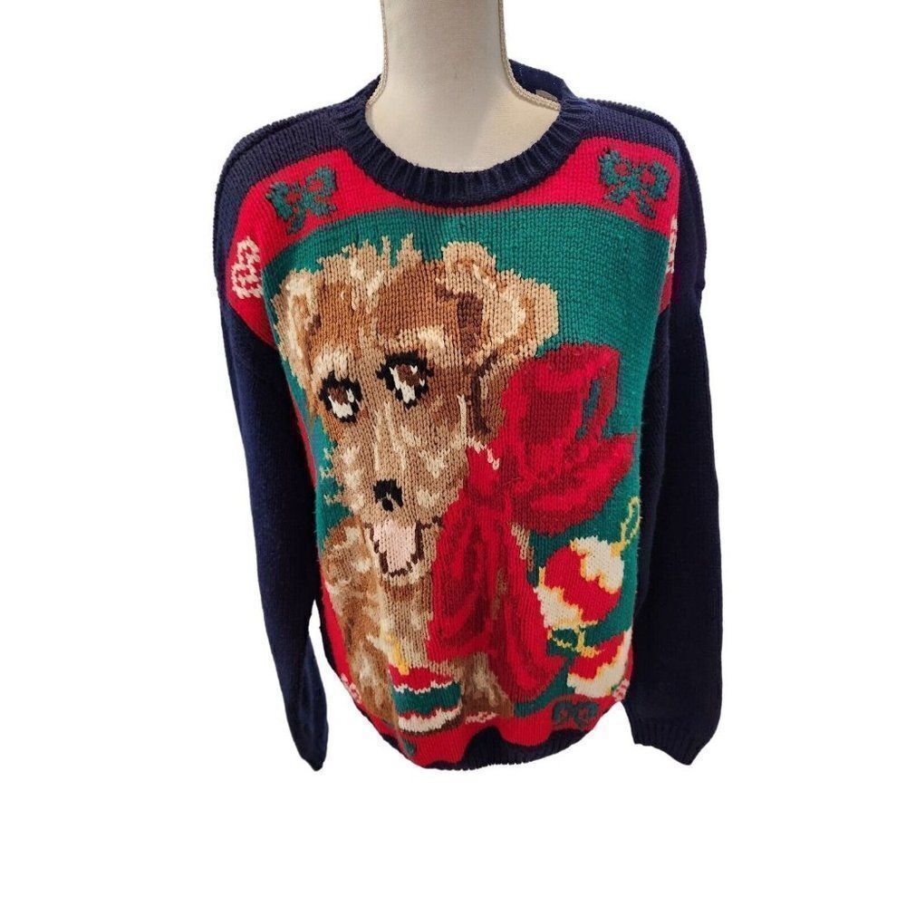 Vintage 80s Knit Blue Red Christmas Dog Pullover Sweater L Novelty